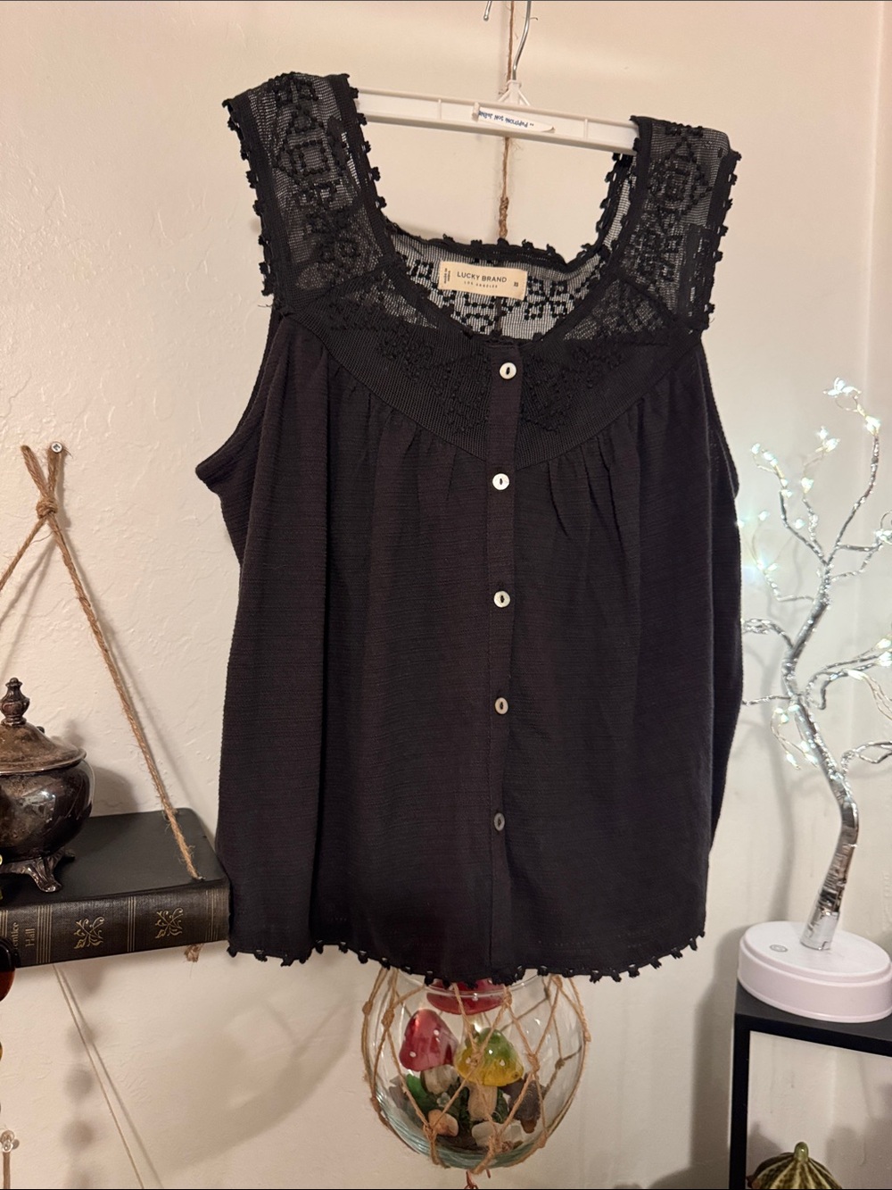 Lucky Brand Black Lace-Trim Button Front Camisole